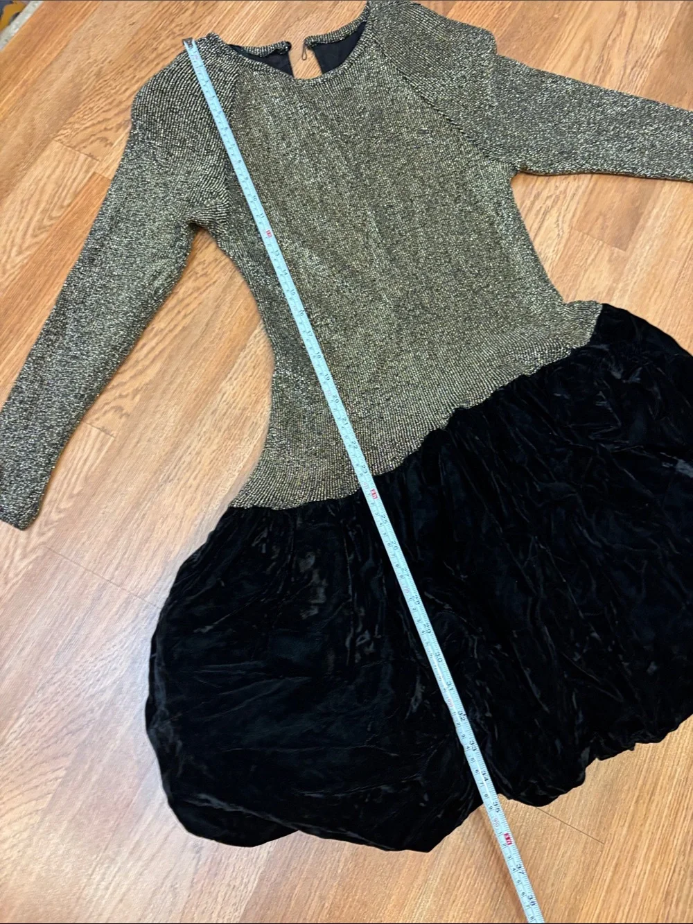 Vintage 1980’s Craig Adams Gold Knit Black Velvet Bubble Dress. Size 13/14